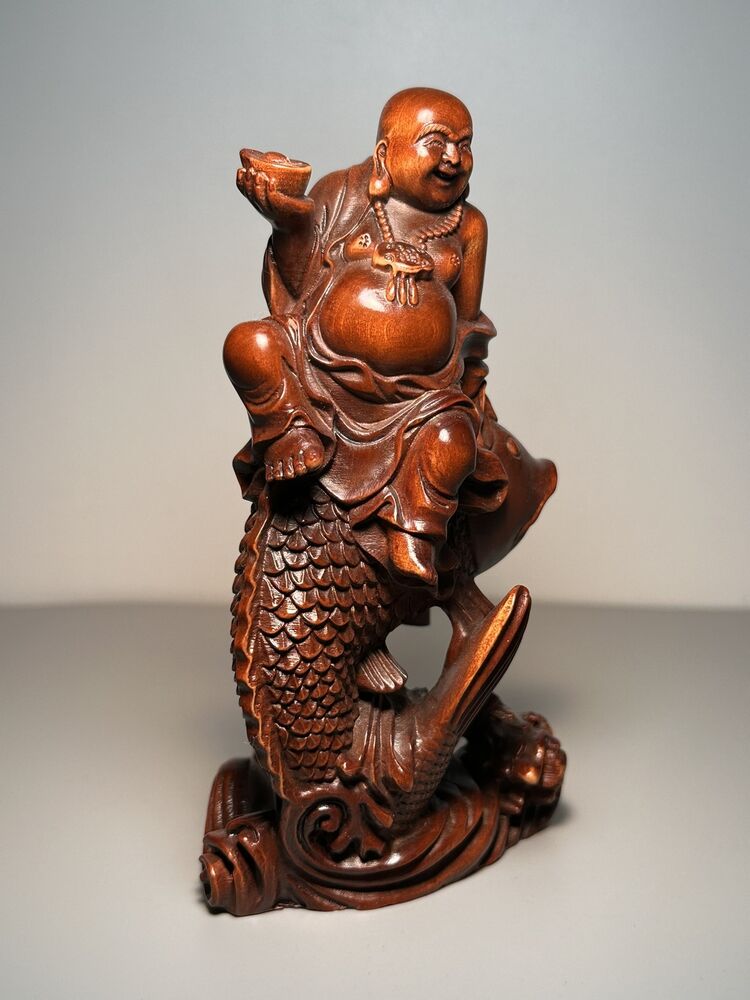 Chinese Boxwood Carving Sit Fish Laughing Buddha Statue Decor Wooden Sculpture