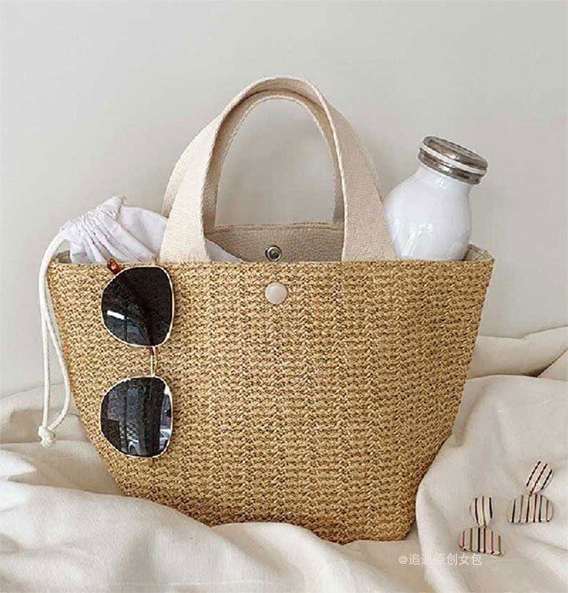 Straw Bag Handmade Woven Basket Tote Bohemian Beach Bag Canvas Handbag Polyester