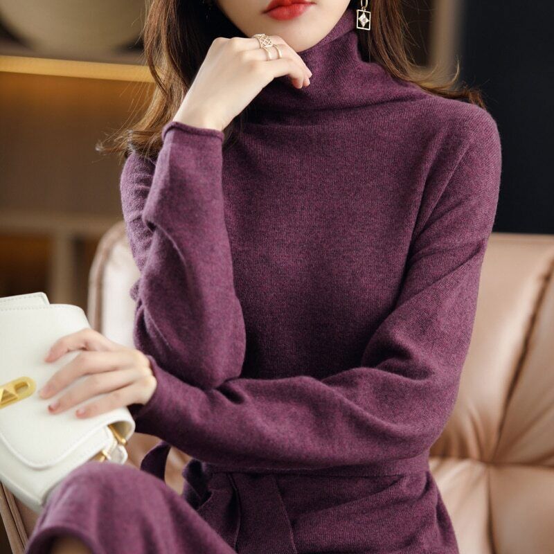 100% Wool Ladies Dress Long-sleeved Long High-neck Cashmere Dress Sweater