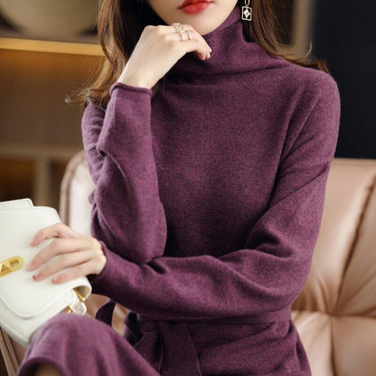 100% Wool Ladies Dress Long-sleeved Long High-neck Cashmere Dress Sweater