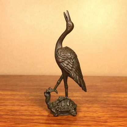 Rare Old Chinese Antique Copper Turtle Crane Statue Animal Netsuke