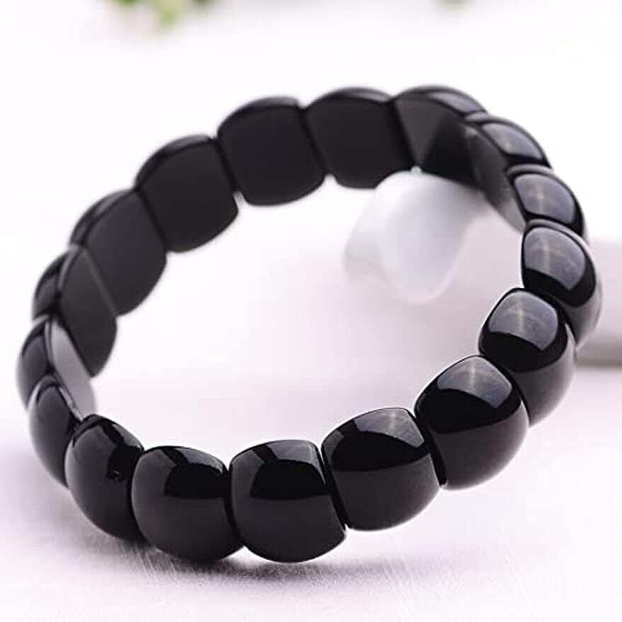 Women Bracelet Black Obsidian Crystal Flat Beads Stretch Hand Row Elastic String
