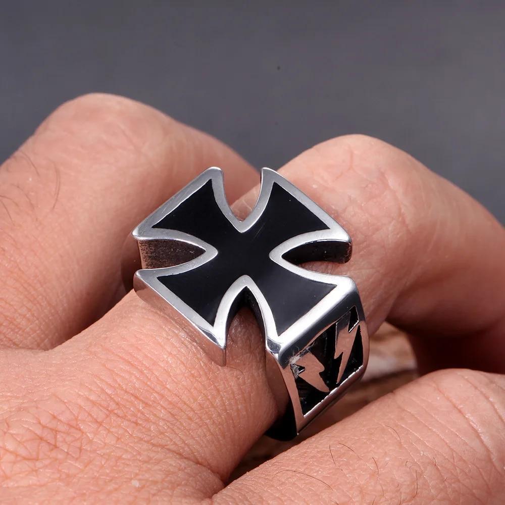 Mens Iron Cross Biker Ring Stainless Steel Mc Black Silver Size 7-12