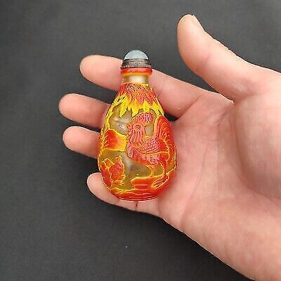 Old Beijing chinese colored glaze snuff bottle glass box gift rooster statue art