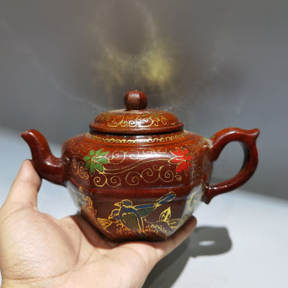vintage chinese yixing purple clay teapot zisha ceremony painted flower bird art