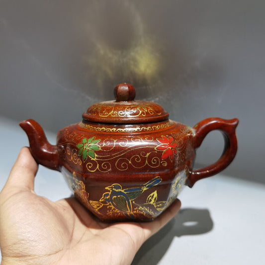 vintage chinese yixing purple clay teapot zisha ceremony painted flower bird art