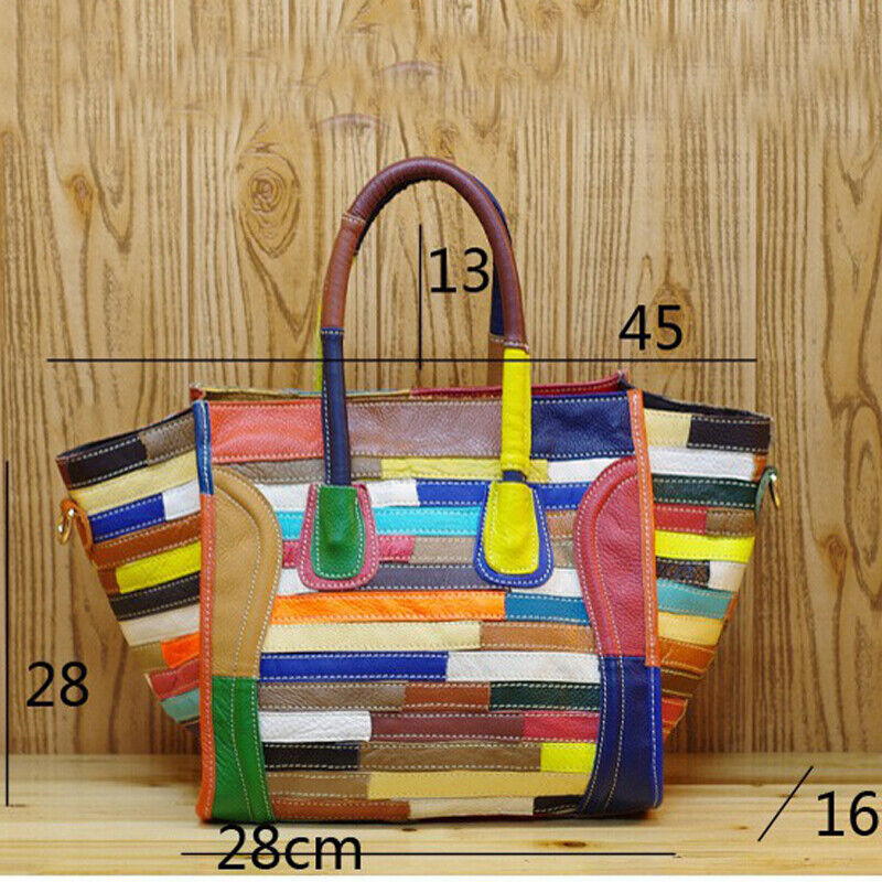 Women's Bag Luxury Genuine Leather Tote Colorful Blocks Patchwork Crossbody Bag