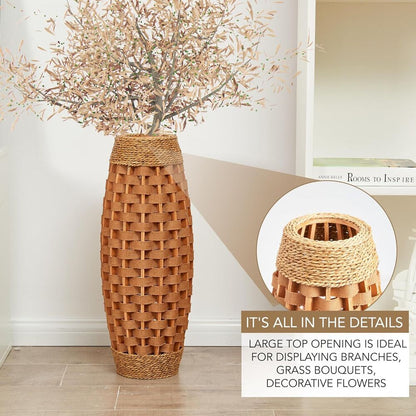 Hand Woven Wood & Seagrass Tall Vase Decorative Large Basket Home Flower Holder