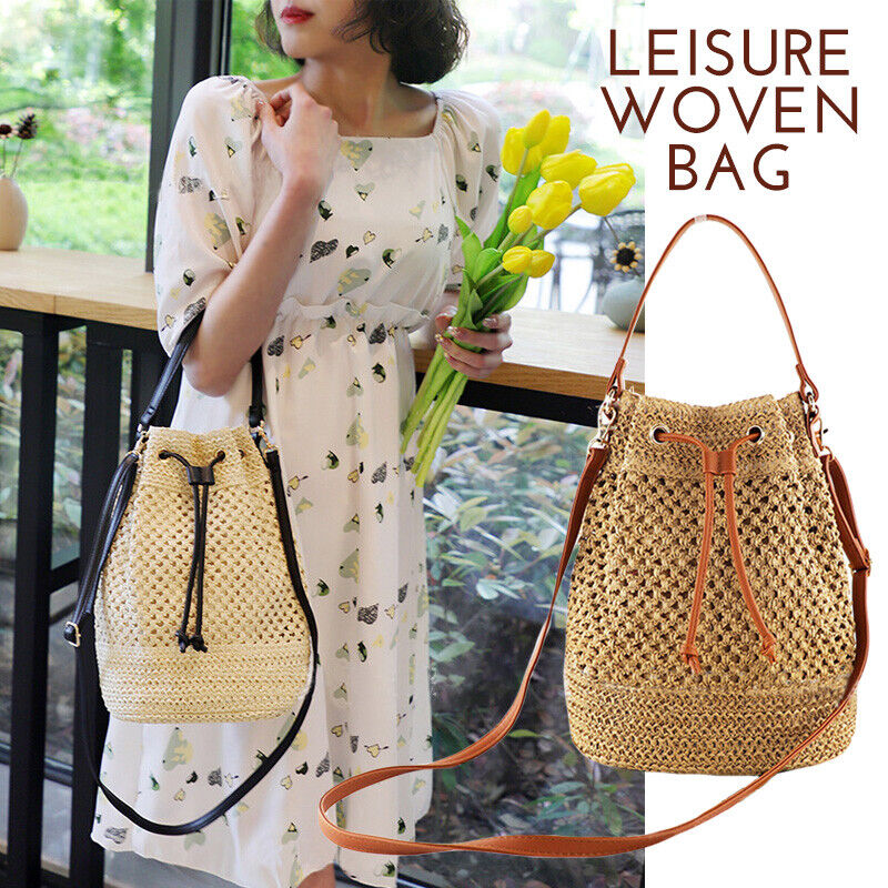 Lady Hand Woven Straw Bag Bucket Bag Beach Bag Shoulder Bag Crossbody Drawstring
