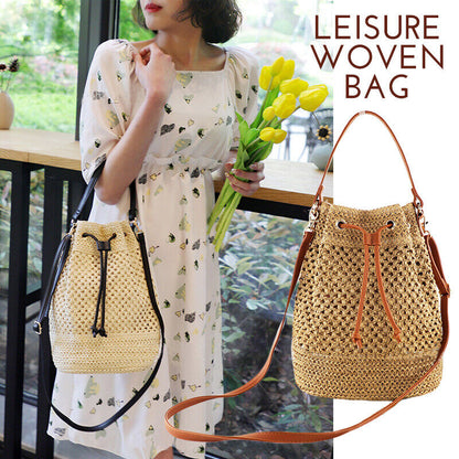 Lady Hand Woven Straw Bag Bucket Bag Beach Bag Shoulder Bag Crossbody Drawstring