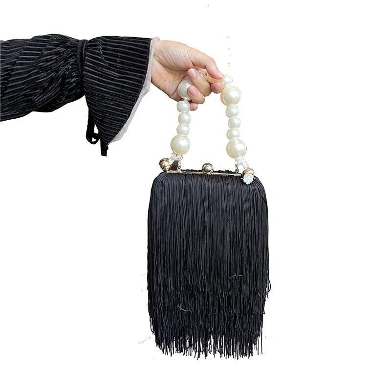 Tassel Square Bag Female Pearl Chain Handbag Long Tassel Bag Black Evening Bag