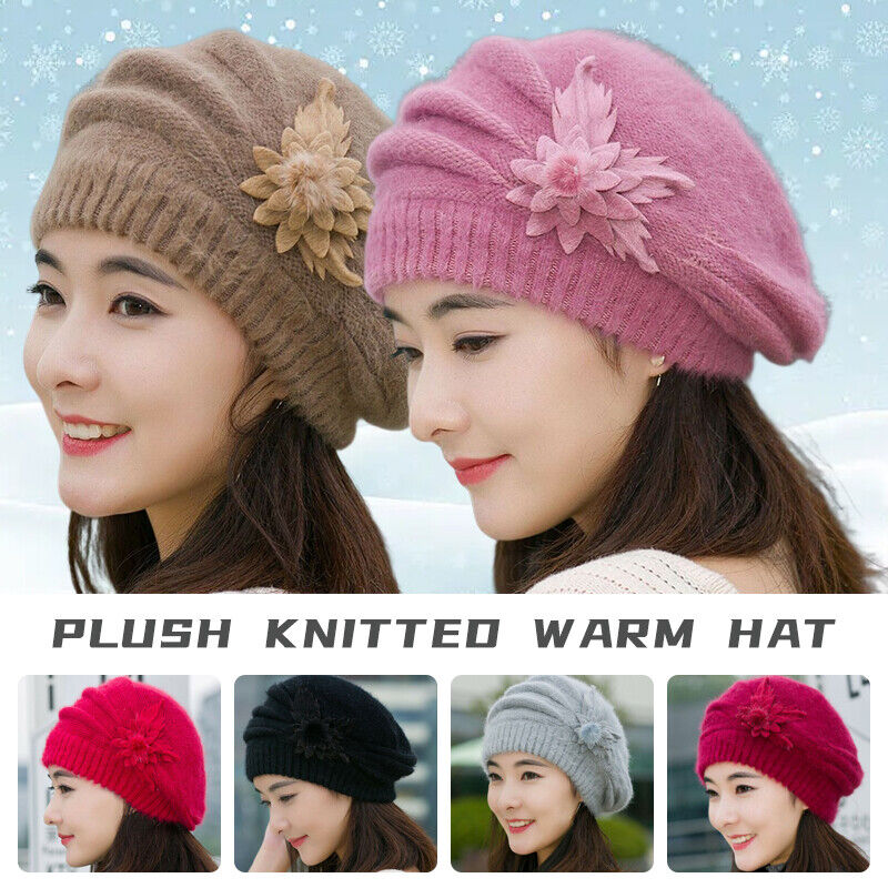 Women Winter Warm Baggy Beanie Beret Knit Flower Crochet Hat Casual Cap Gifts