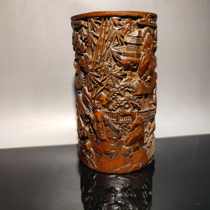 chinese carved brush pot pots pen case statue wood carving Happy child story men
