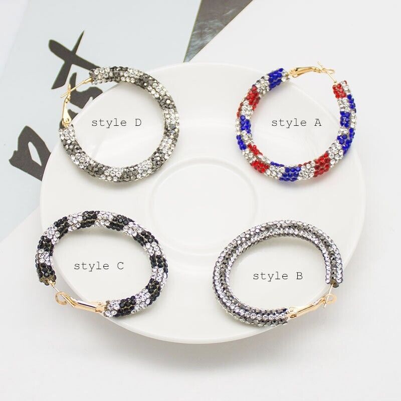 Women Hoop Earrings 35mm Rhinestone Patriotic Girls Fashion Jewelry Holiday Gift