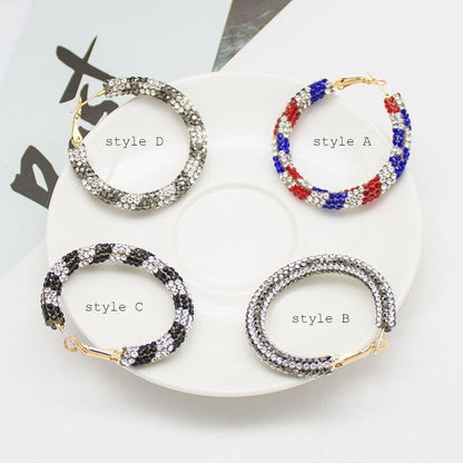 Women Hoop Earrings 35mm Rhinestone Patriotic Girls Fashion Jewelry Holiday Gift