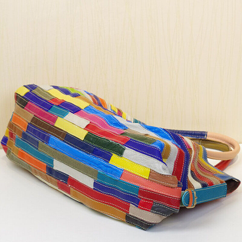 Genuine Leather Colorful Blocks Patchwork Handbags Large Capacity Women's Tote