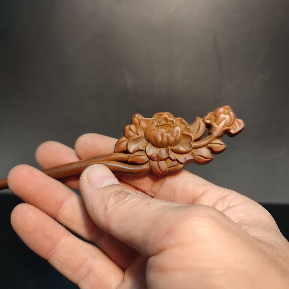 Chinese Boxwood Wooden Carved Peony flower Hairpin Hair Accessories gift woman