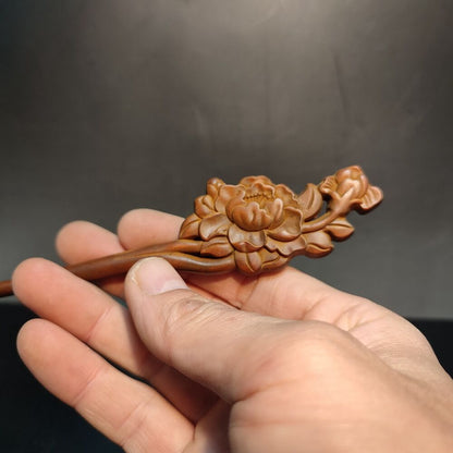 Chinese Boxwood Wooden Carved Peony flower Hairpin Hair Accessories gift woman