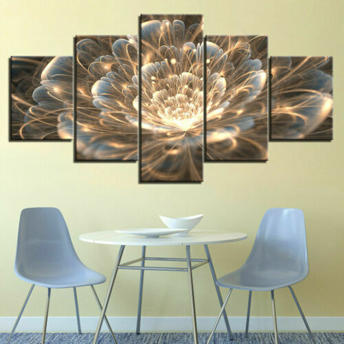 Golden Rays Fractal Flower 5 Panel Canvas Print Poster Wall Art Home Decor