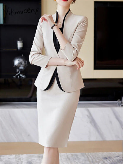2 Piece Sets Women Office Ladies V Neck Single Button Blazers Skirt Suits