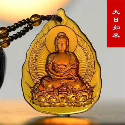 Glamour Ice Yellow Crystal Carved Talisman Buddha Buddhist Pendant Religious Necklace -