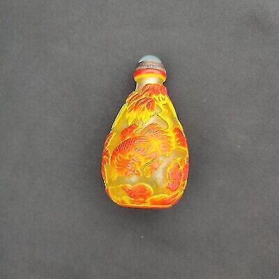 Old Beijing chinese colored glaze snuff bottle glass box gift rooster statue art