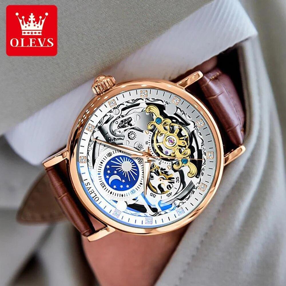 Mens Gold Dual Time Skeleton Automatic Mechanical Watch Black Orange Leather