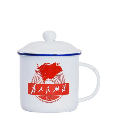 450M ceramic cup + lid Chinese *** retro drinking glass teapot enamel mug -