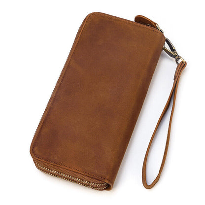 Top-Grain Leather Men's Clutch Bag, Double Zipper Long Wallets Retro Handbags