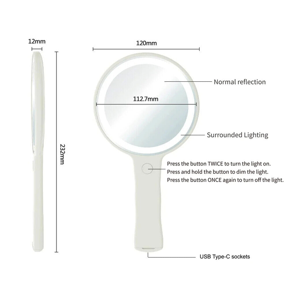 USB Makeup Mirror ABS+Glass LED Light Compact Handheld Vanity Round Touch Screen