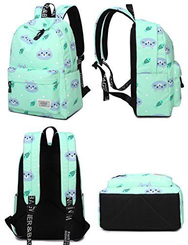mygreen Bookbags for 14 inch Laptop, Green, Cat and Fish, 14 Inch Laptop