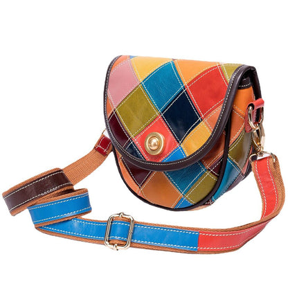 100% Genuine Leather Bags Colorful Blocks Patchwork Women's Sling Shoulder Bag