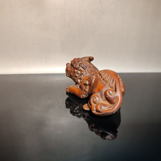 Vintage Folk Art Wood Carving Chinese Unicorn Dragon Sculpture Statue Wooden Art