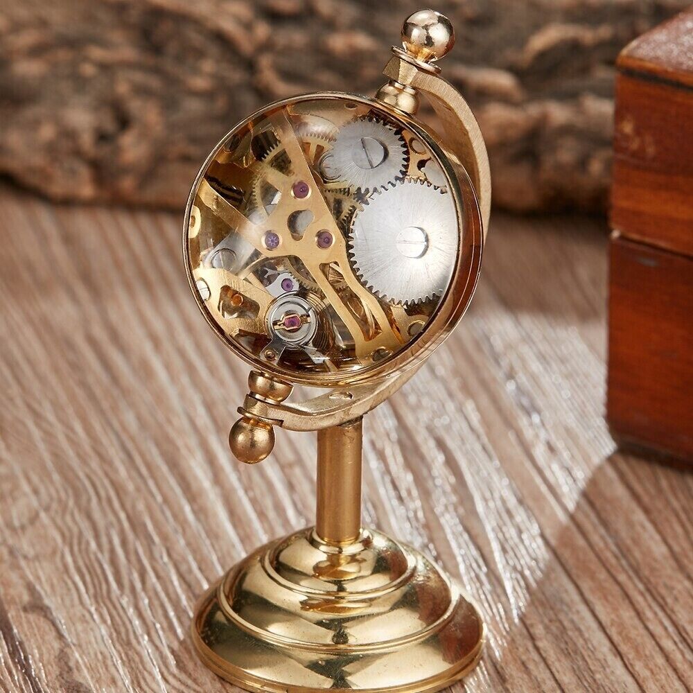 Pocket Watch Alloy Globe Shaped Golden Mechanical Hand Wind Unique Desk Ornament