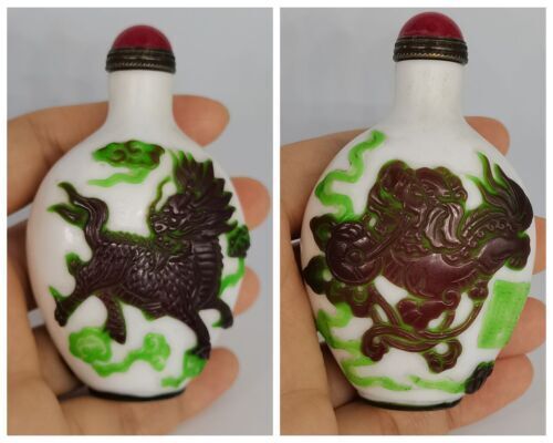 Chinese Old Beijing Glaze Carved Unicorn Statue Snuff Bottle Collectibles Art