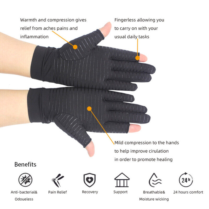 2 Pairs Copper Compression Arthritis Gloves Carpal Tunnel Joint Pain Relief
