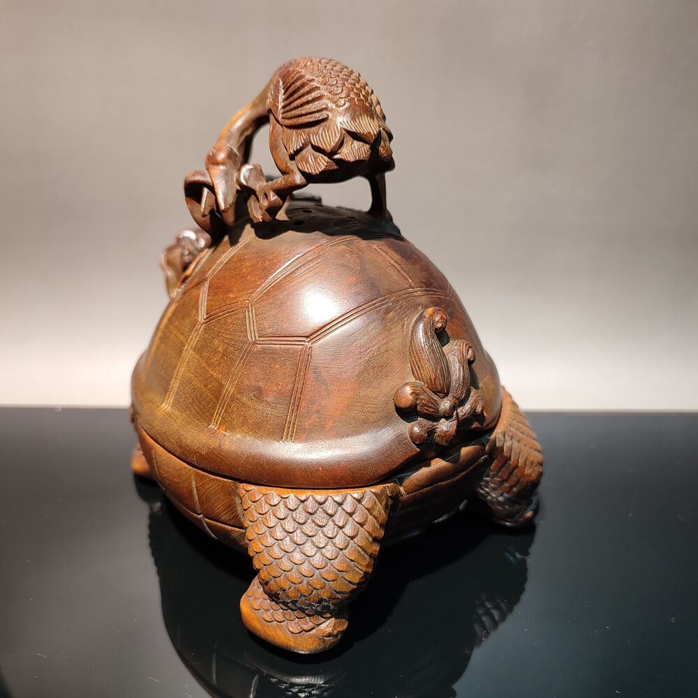 wood carving wooden Incense burner holder decorative dragon turtle sculpture art