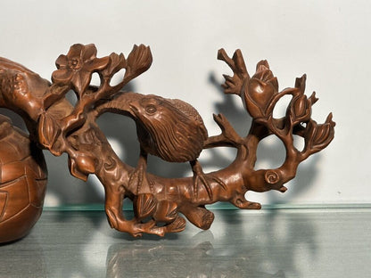 Chinese Natural Boxwood Carving Flower Bird Statue Woodwork Sculpture Decoration