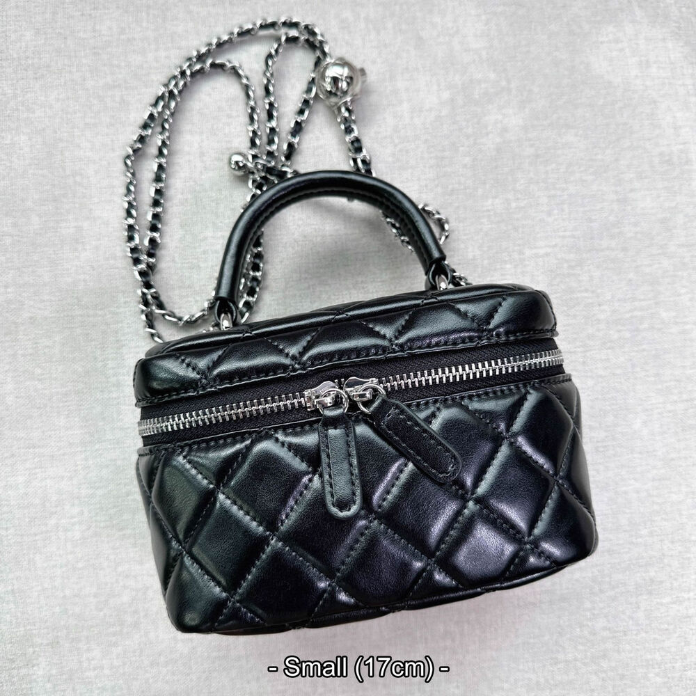 Mini Quilted Real Leather Vanity Case Box Purse Clutch Tote Shoulder Bag Chains