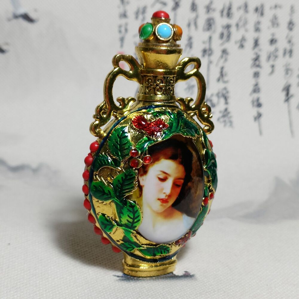 vintage Beijing chinese cloisonne snuff bottle box young women Painted souvenir