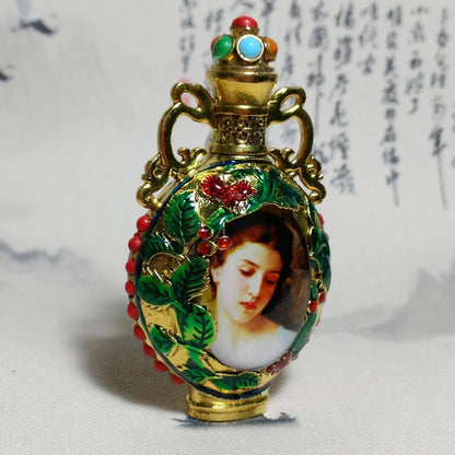 vintage Beijing chinese cloisonne snuff bottle box young women Painted souvenir