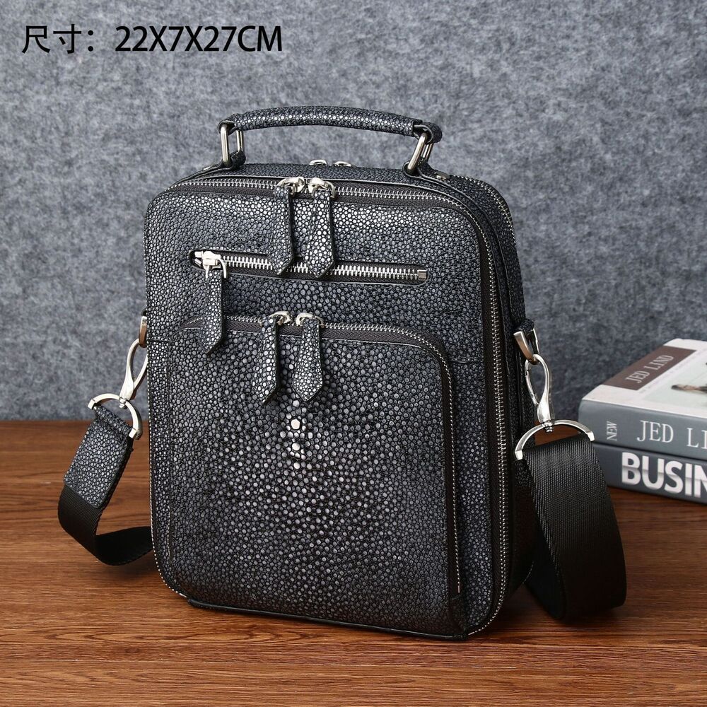 Black 100% Real Leather Shoulder Bag, Designer Pearl Fish Men's Business Handbag