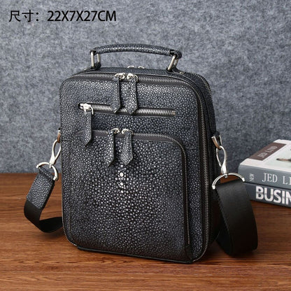 Black 100% Real Leather Shoulder Bag, Designer Pearl Fish Men's Business Handbag