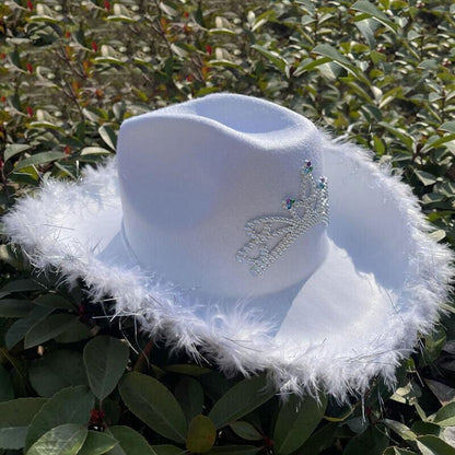 Cowgirl Hat Feather Vintage Brim Crown Western Concert Party Women's Cowboy Hat