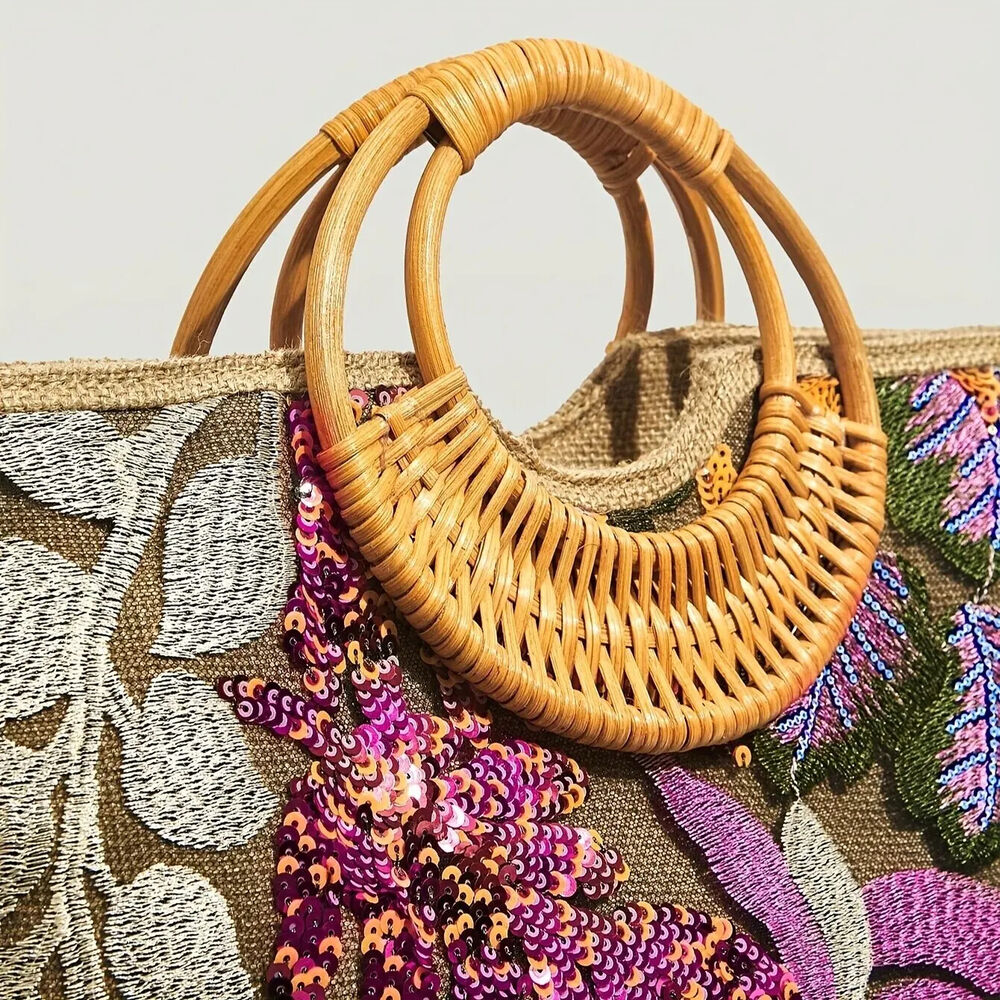 Sequin Flower Graphic Top Handle Bag, Ethnic Tote and Bohemian Handbag Vacation