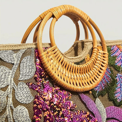 Sequin Flower Graphic Top Handle Bag, Ethnic Tote and Bohemian Handbag Vacation