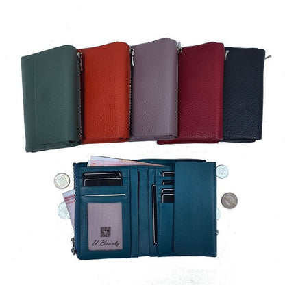 Soft Genuine Cow Leather Short Zipper Wallet Tri Fold Coin Card Holder Money Bag