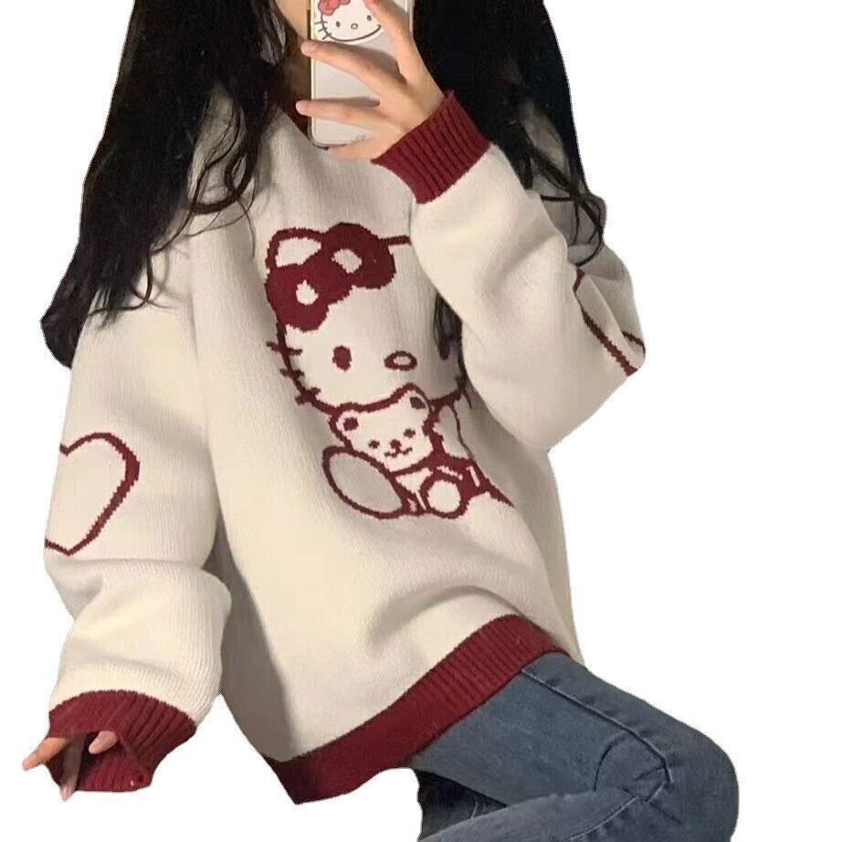 Cute Hello Kitty Sweet Embroidered Ladies Tops Cute Warm Sweater Loose Pullover