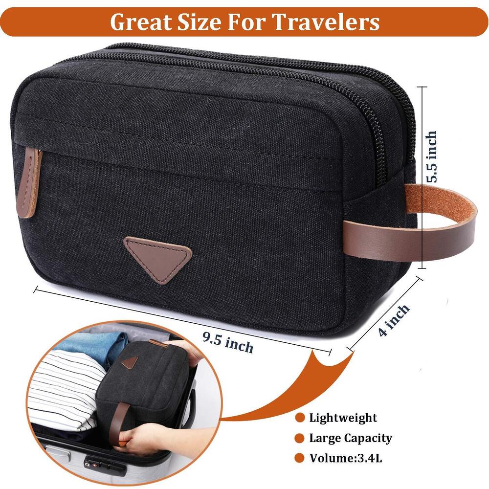 Mens Travel Toiletry Bag Canvas Leather 9.5x5.5x4 Inch (Pack of 1), Black