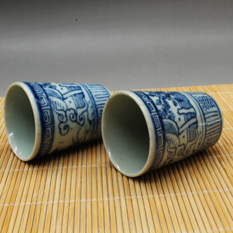 Chinese Jingdezhen Blue White Porcelain Handmade Flower Bird Gongfu Teacup Pair
